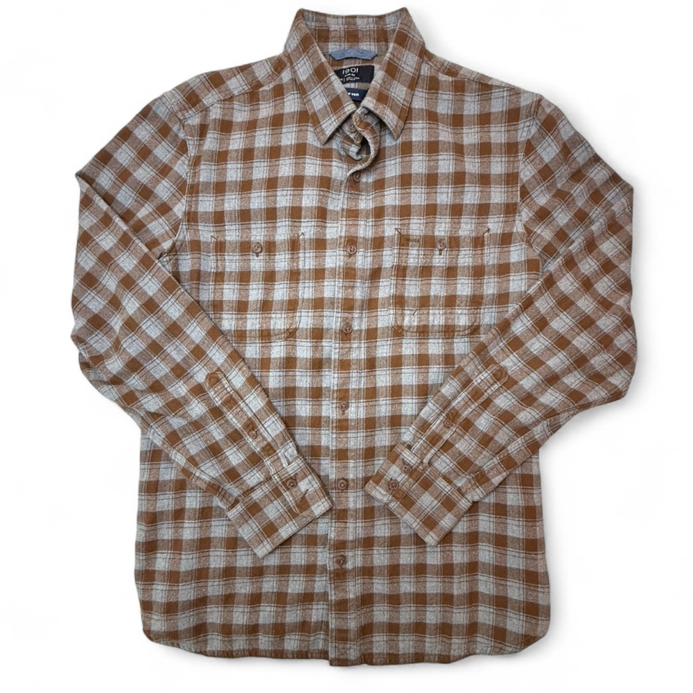 1901 Trim Fit Flannel Long Sleeve Button Up Shirt Top Gray Brown Plaid Medium
